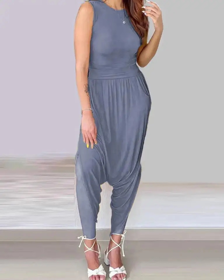 Dames Geplooide Harem Jumpsuit 2024 Lente Zomer Laatste Casual Effen Eenvoudige, Chique O-hals Mouwloze Ruches Dagelijkse Forensenromper