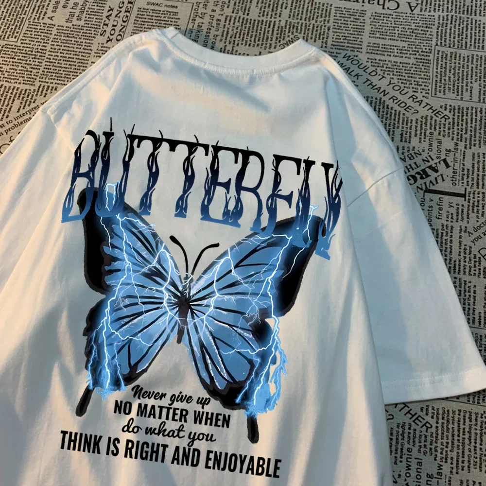

Blue lightning butterfly creative word 100% cotton T-shirt for men, casual oversized, loose pattern clothing