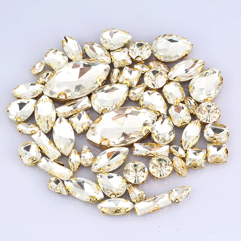 RESEN 55PCS Mixed Shape Mixed Size Crystal Sew On Rhinestone Sliver/Gold Claw Settings Sewing Glass Rhinestone for DIY Garment