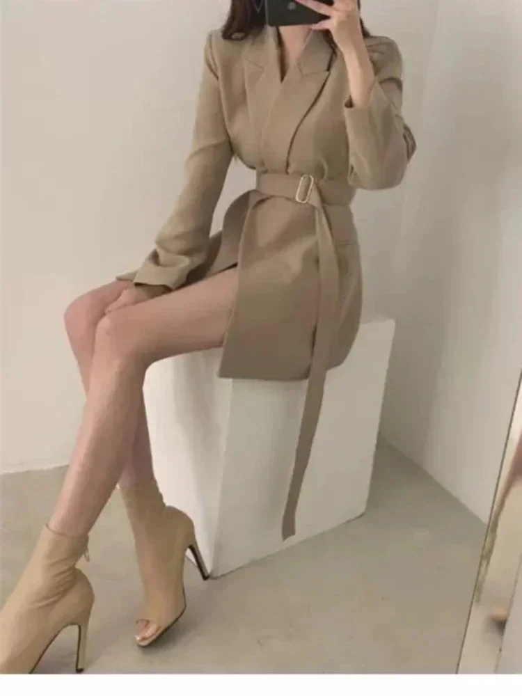 Chaqueta con cinturón de longitud media para Mujer, Blazer elegante, ropa de oficina, prendas de vestir exteriores, Tops de celebridades de Internet