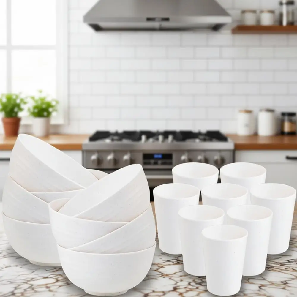 

Набор многоразовой белой пластиковой посуды из 32 предметов, пригодный для использования в микроволновой печи и посудомоечной машине, включая тарелки и миски