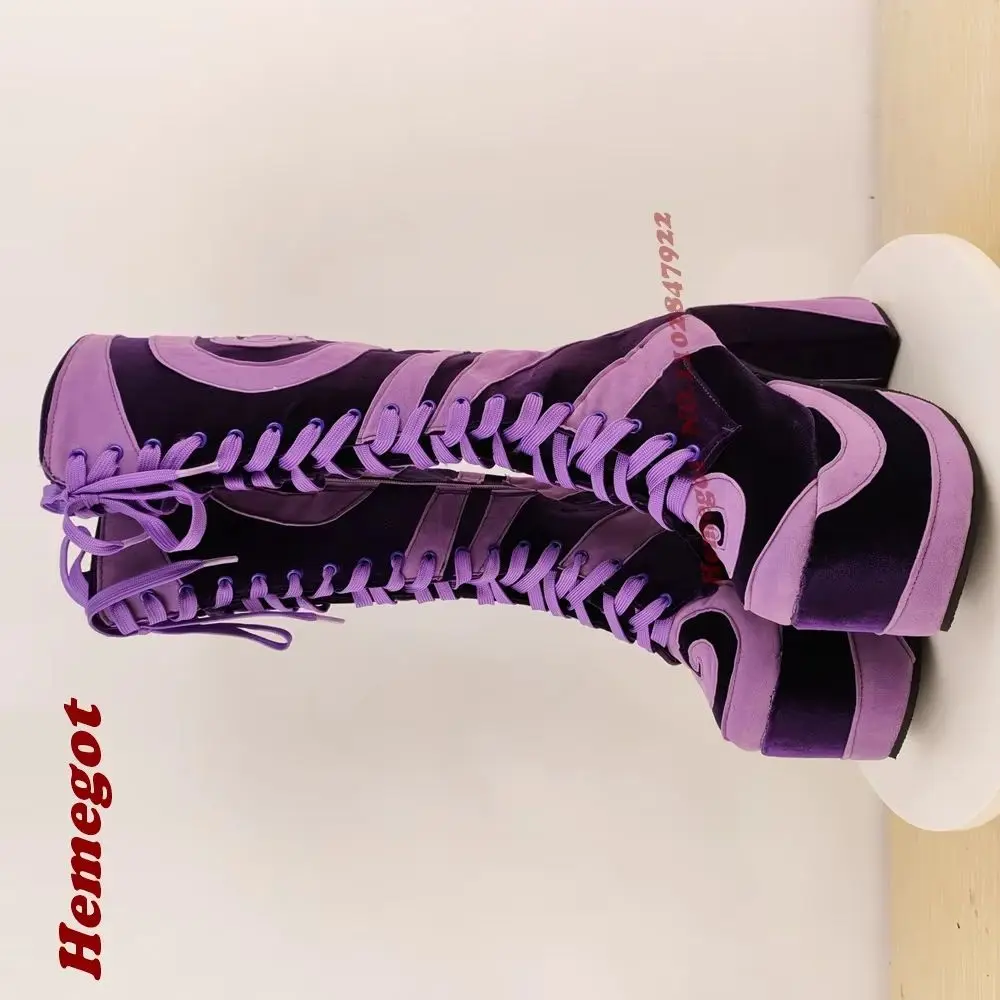 Vortex Purple Platform Velvet Knee High Boots Round Toe Block Heels Lace-Up Women's Boots Side Zipper Patchwork Gothic Shoe 2026