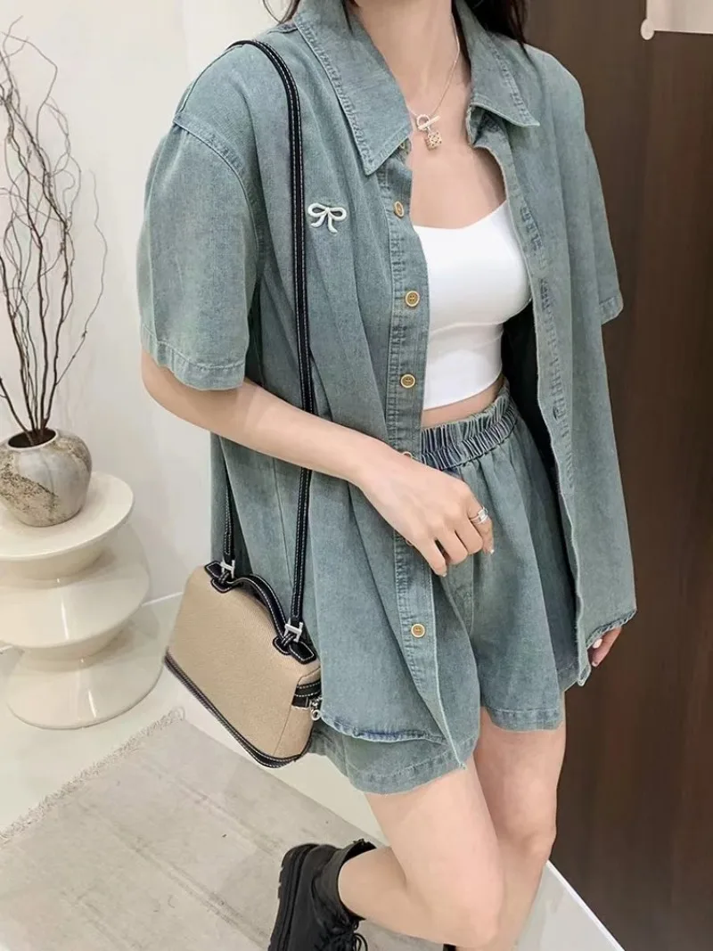 

Miiiix Embroidered Denim Shirt Wide Leg Shorts 2024 Women's Summer High-end Casual Fashion Short Sleeved Top Two-piece Set