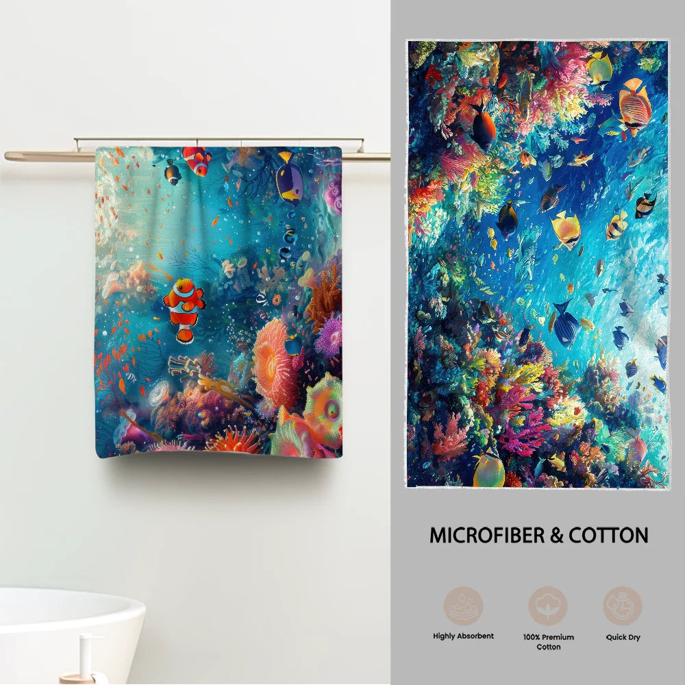 Sea World Fishes Towel Luxury Bathroom Hand Towels One Side Cotton One Side Microfiber Personalized Gift Dropshipping