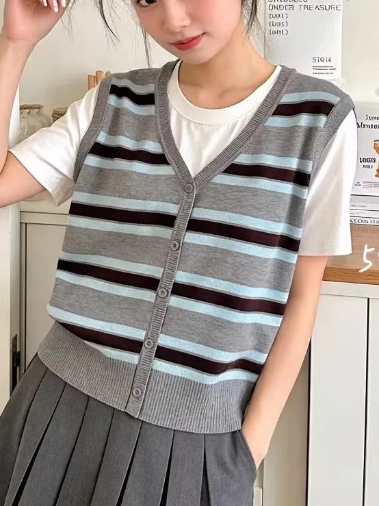 

Корейский студенческий стиль: комплект из двух предметов, топ и жилет из шерсти в полоску с цветовыми блоками, весна-лето, многослойная женская одежда