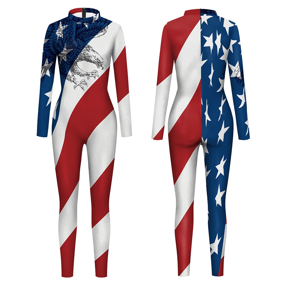 Independence Day Jumpsuit Flag Pattern Spandex Elastic Bodysuit Adult Party Carnival Catsuit Long Sleeve 3D Printing Zentai