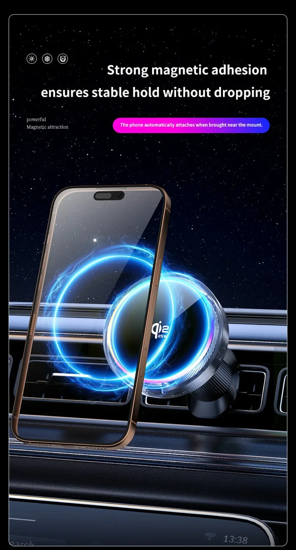 Luftgekühltes Auto-Qi2.2 25W Magnetisches Kabelloses Ladegerät mit RGB-Licht und Telefonhalterung für Magsafe iPhone 17 16 Pro Max Schnellladehalterung – Detail 4