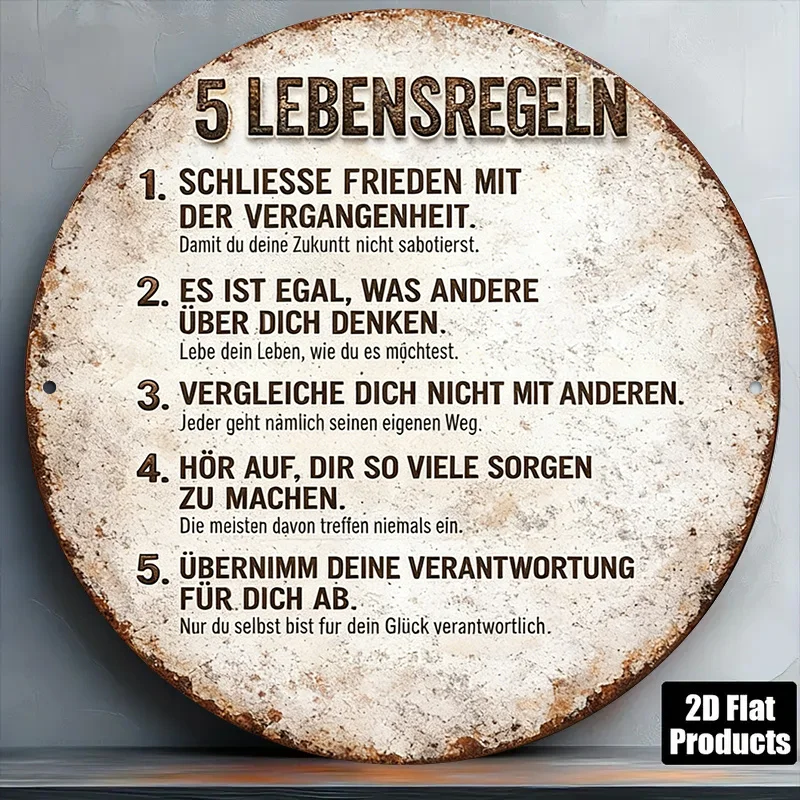 Plaque ronde plate 2D, 1 pièce, 8x8 pouces/20x20 cm, plaque vintage avec les 5 règles de vie, principes de vie, philosophie, inspiration