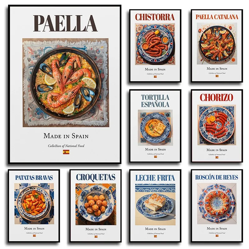 Póster de comida nacional tradicional española, Paella, Patatas, Bravas, Tortilla, Vintage, delicioso, lienzo colorido, imagen artística, decoración del hogar