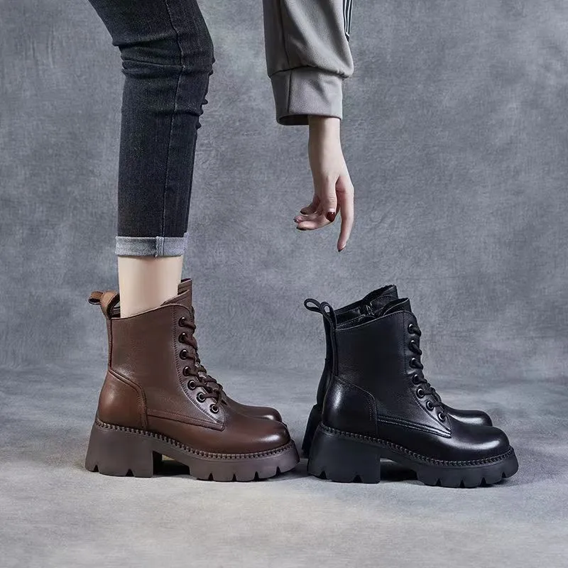 

​​2024 Women's Soft Leather Snow Boots - Retro Fleece-Lined Chunky Heel Ankle Boots for Autumn/Winter | British-Style Versatile​