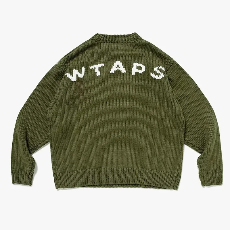WTAPS Autumn Winter Unisex Letter Logo Knit Sweater Crew Neck Loose Fit Casual Japanese Streetwear Pullover Top