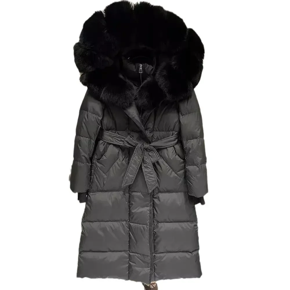 المرأة ملابس خارجية التخسيس صدرية بطول الركبة معطف مقنع سميكة طويلة الثعلب الفراء طوق أسفل سترة الشتاء نمط جديد #2