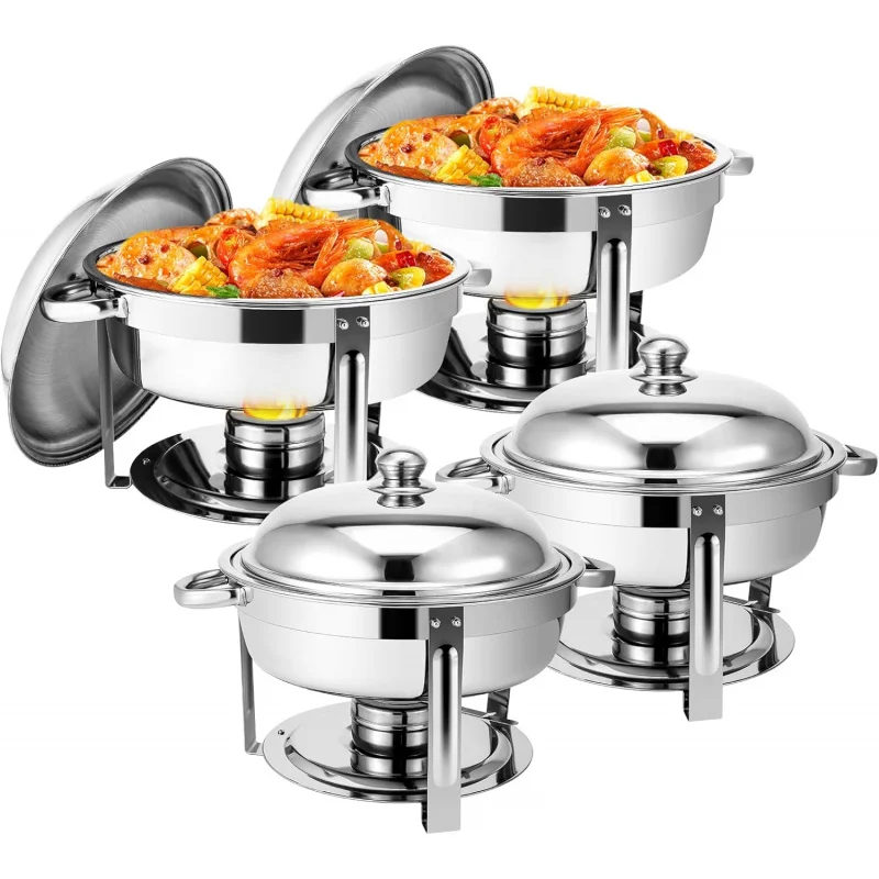 4 5QT Chafing Dish Buffet Set, Round Chafers Catering with Lids, Stainless Steel Servers Warmers ， Food Warmer Parties