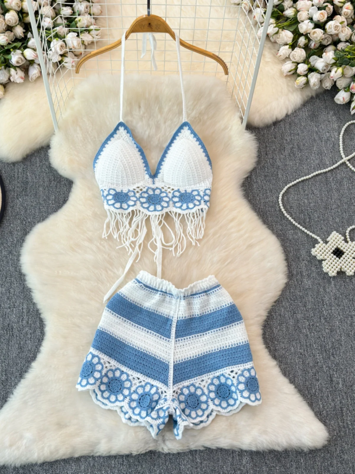 

Beach Faion Set High Waist V-Ne Fringed Vest Strap + Hollow out Wide Leg orts Two-Piece Summer 2024 Women's Wear