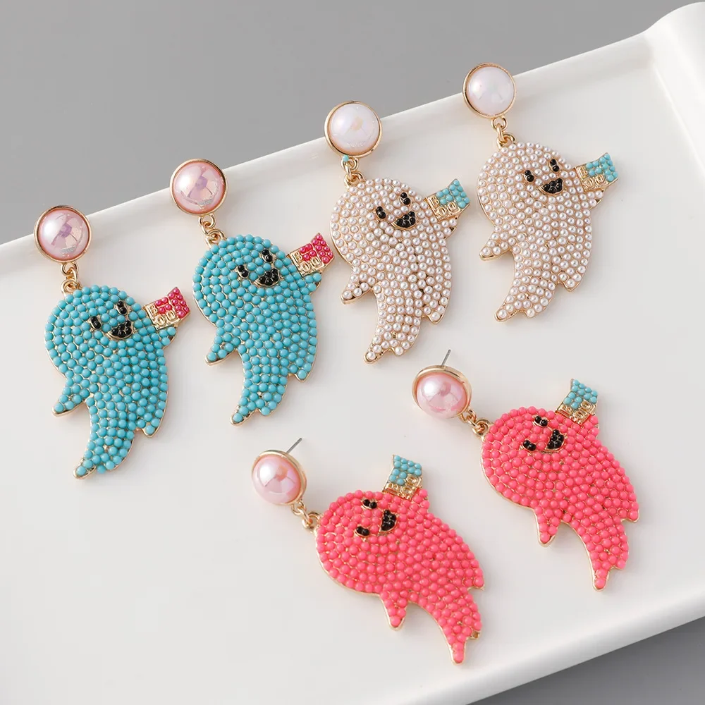 

European Trendy Simple Halloween Ghost Earrings for Women Personality Rice Bead Pearl Stud Earrings Creative Popular Accessories