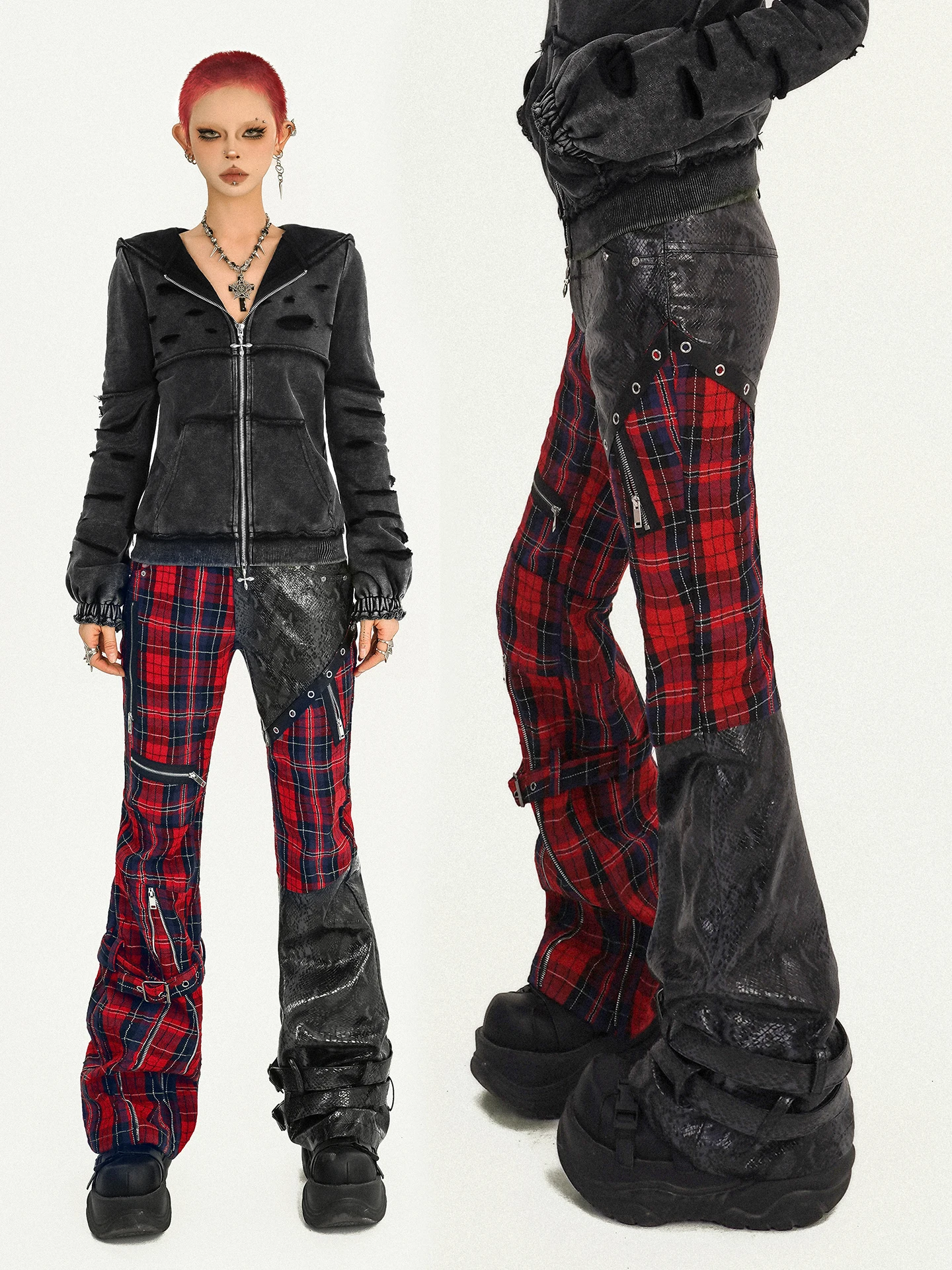 

Nico Molly Original Street Hip Hop Ro Che Design Spliced Leather Pants Women Slim Faionable Long Trousers Trendy