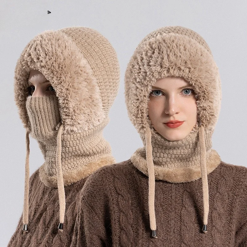 Fleece Lined Knit Balaclava Hat Scarf Set Women Outdoor Cycling Winter Warm Beanie Cap Accessory