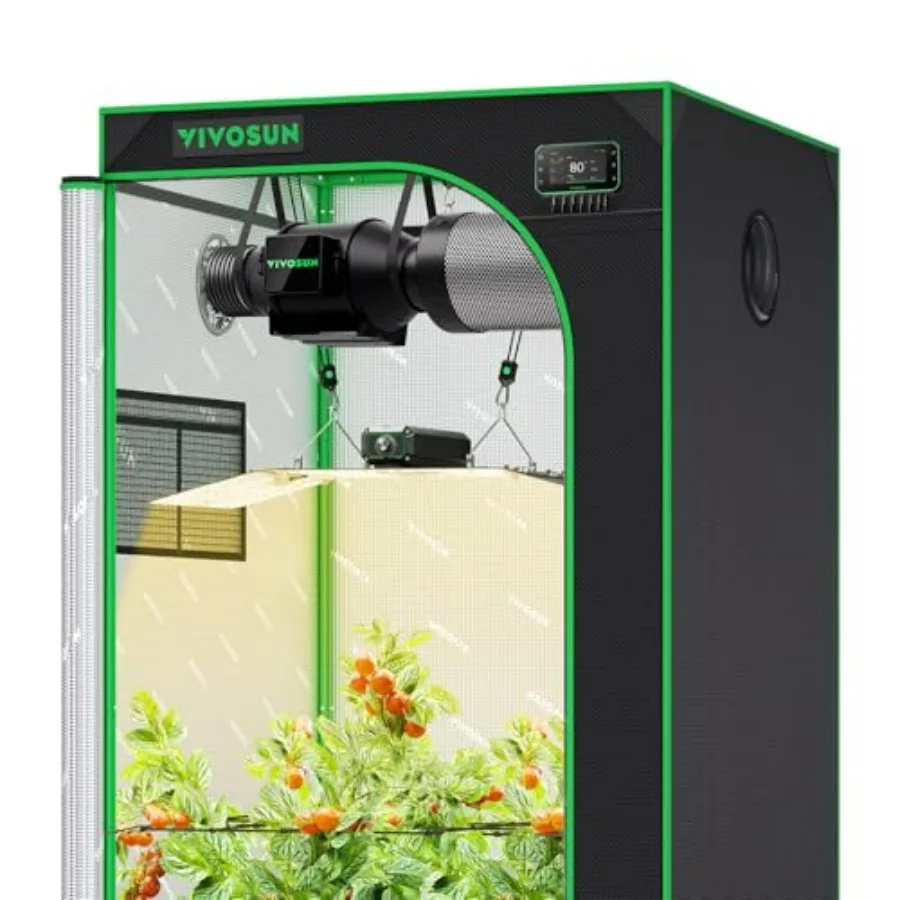Smart grow tent system for indoor gardening, aluminum frame with black mylar lining, automated ventilation and circulation, ful