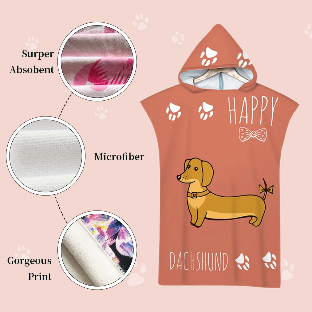 Dog Bath Towel Soft Microfiber Fabric Printed Hooded Beach Towel Bathroom Adult Kid Dachshund Swimming Towel Quick-Dry Bathrobe