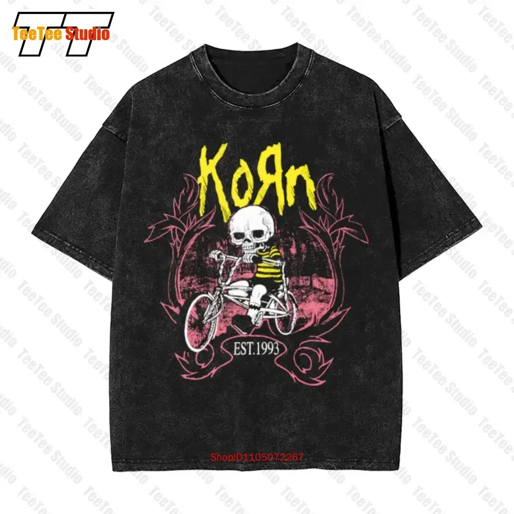 

Korn винтажная мужская футболка большого размера среднего размера черного цвета Y2K скелетон велосипед с круглым вырезом 9UIR