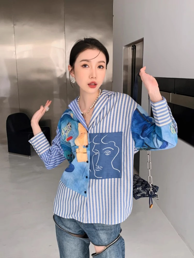 Korobov New Vintage Blouses Oil Print Patchwork Striped Asymmetrical Tops Mujer Long Sleeve Shirts for Women Camisas E Blusas