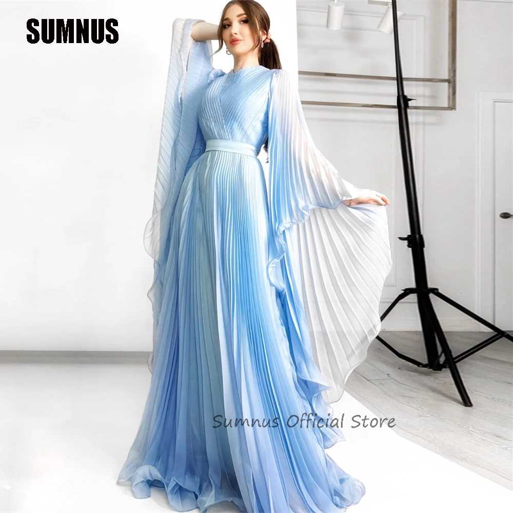 

SUMNUS Sky Blue Chiffon Beach Party Dresses Women Outfits Flare Long Sleeves Pleats Evening Dress Prom Gowns vestidos de gala