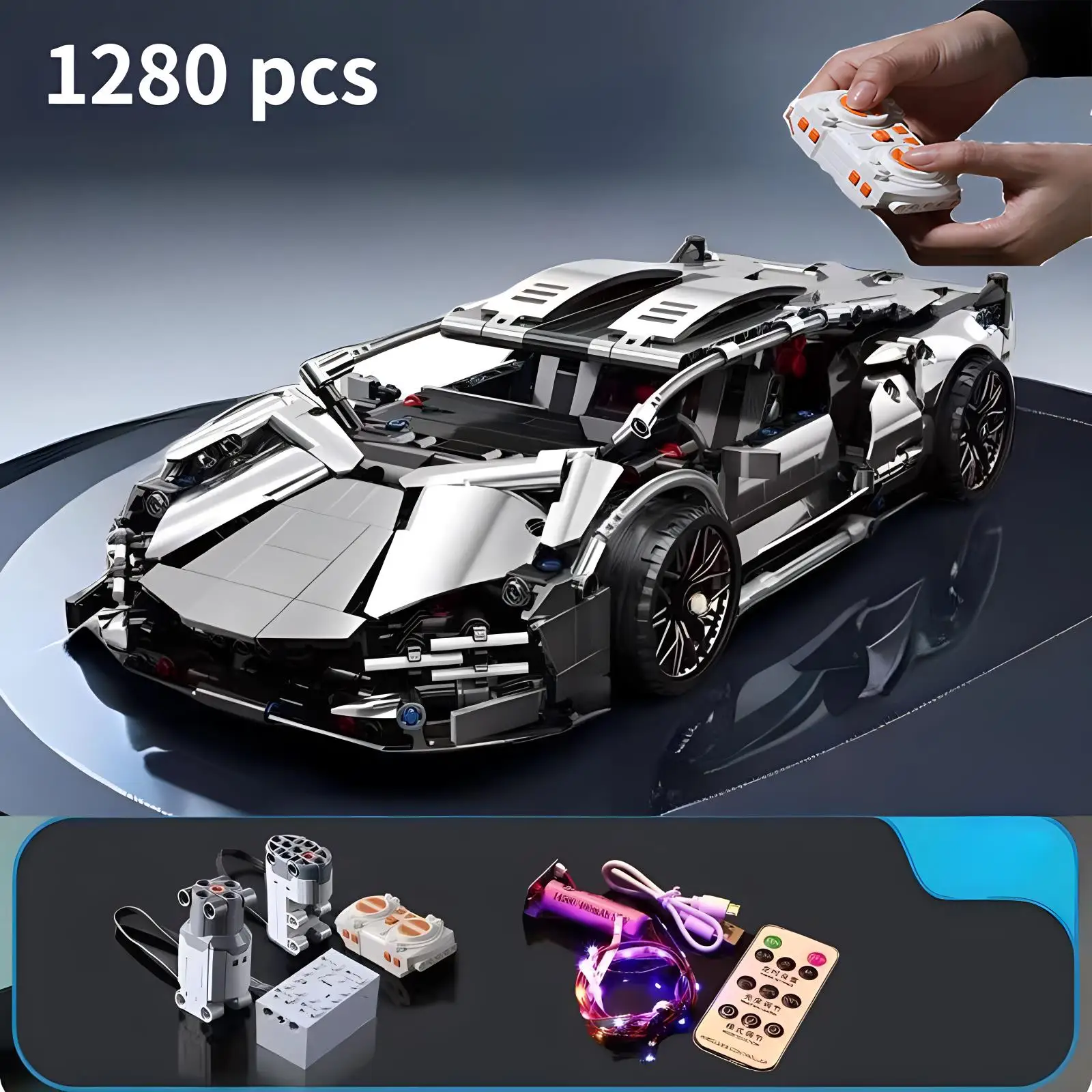 

MINISO Silver supercar RC Tech Racer 1:14DIY building block set assembly building block car toy birthday gift