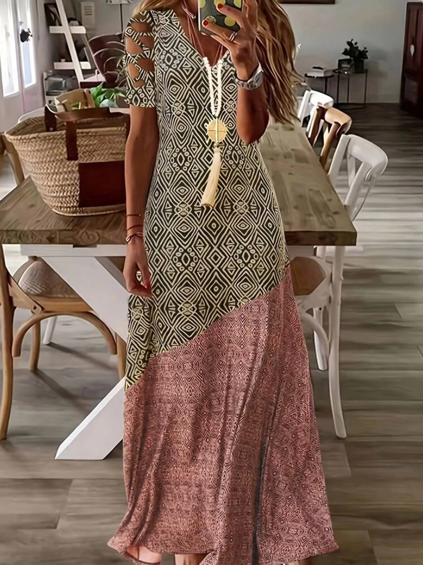 Europeu e americano transfronteiriço verão nova venda quente com decote em v oco boêmio moda vestido impresso saia longa