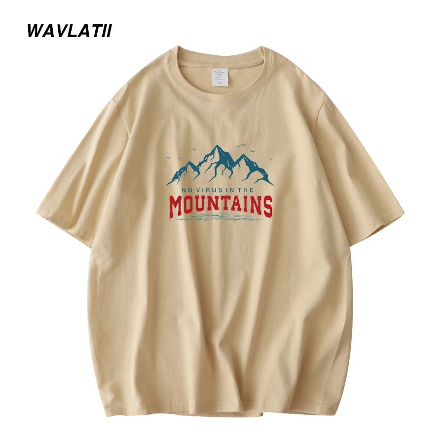 WAVLATII Men\'s Mountain Printed 100% Cotton T shirt Male New Red Khaki Basic Short Sleeve Tees Tops for Summer WMT2207