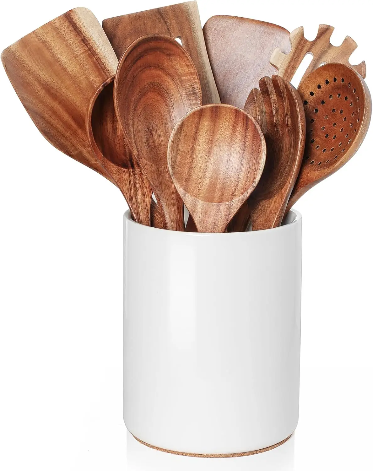 

10-Piece Teak Wood Kitchen Utensil Set with Ceramic Holder, Nonstick Spatula Spoons for Cooking