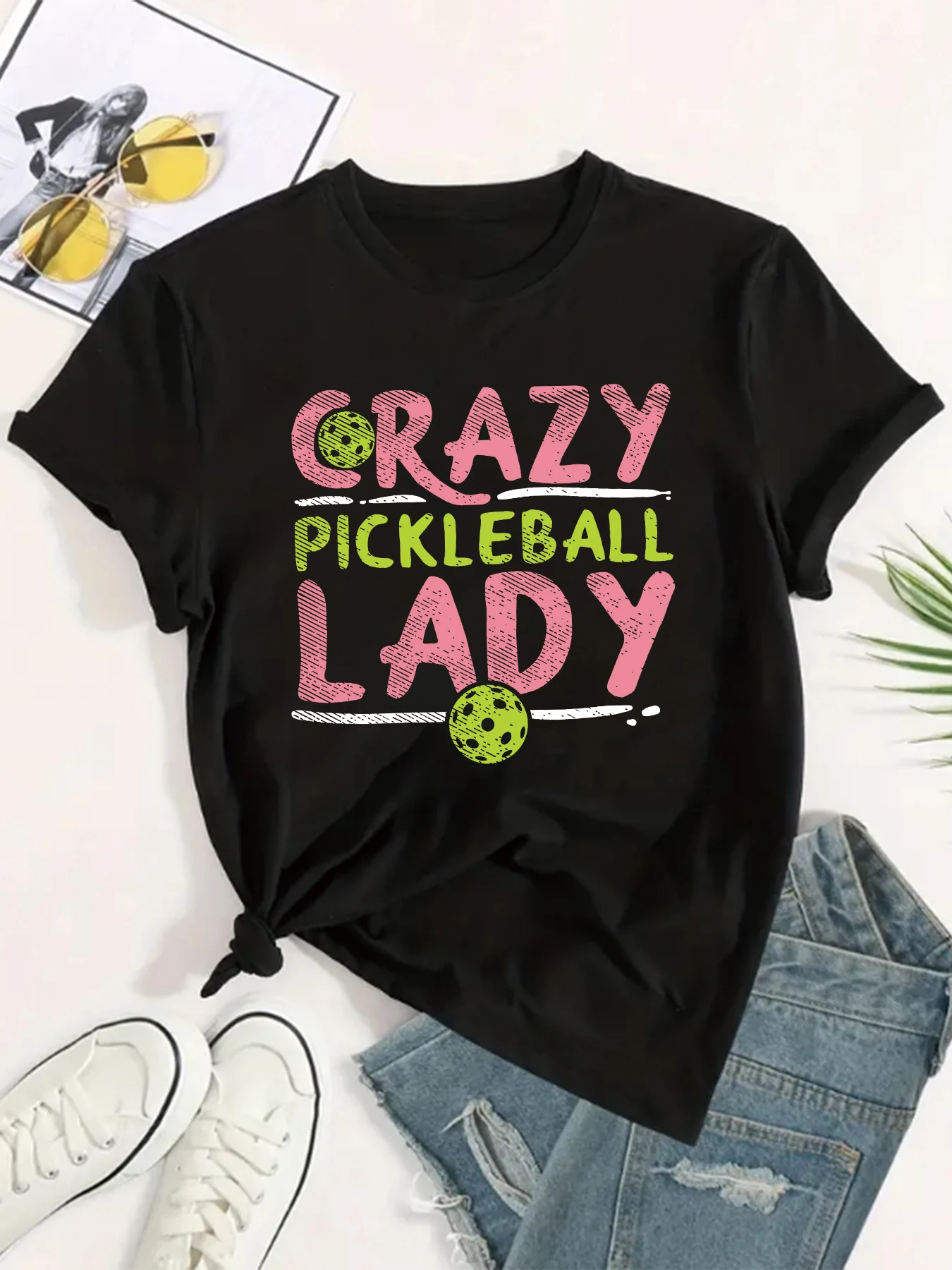 CRAZY PICKLEBALL LADY letter Print T-shirt Fun Street Hip Hop Vintage Women\'s T-shirt Fashion Casual Summer Top Harajuku 2024