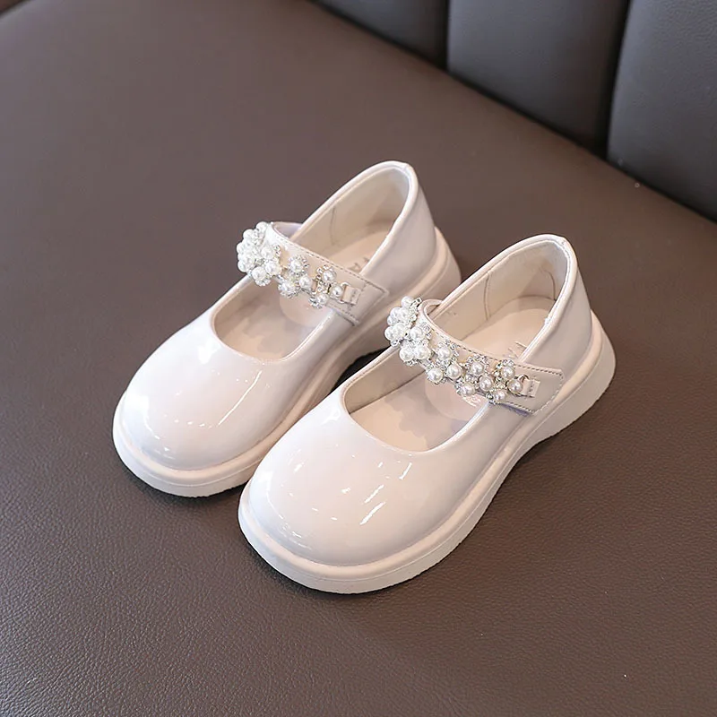 Girl Leather Shoes Mary Jane Non-slip Kids Party Shoes Luxury Rhinestone Children Princess Black Performance Shoes Glossy Causal