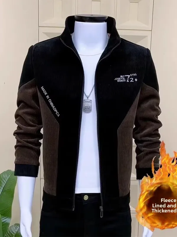 

Новинка 2025, осенне-зимняя мужская куртка, облегающий воротник-стойка, лоскутная цельная бархатная верхняя одежда, повседневная модная застежка-молния