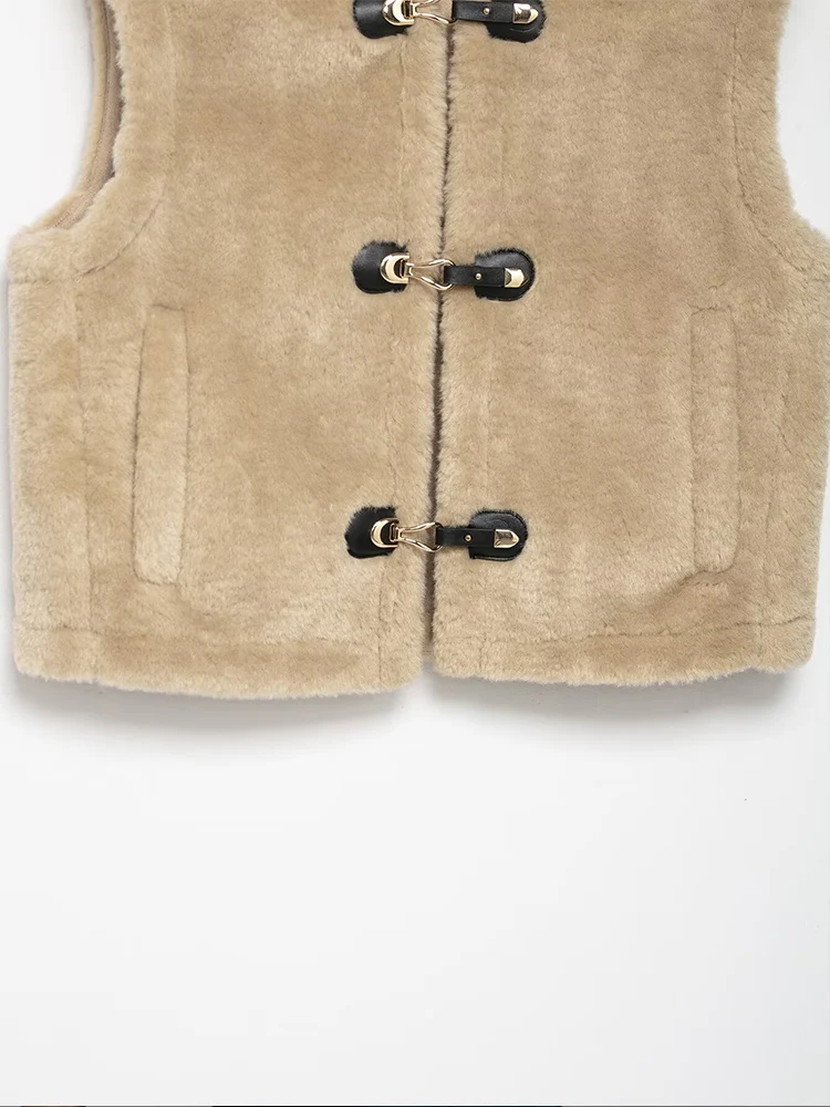 欧米風2025年秋新作 レディース フード付き ノットバックル フェイクファー風ベストジャケット