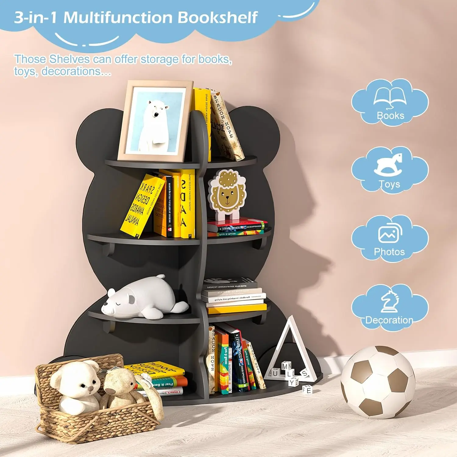 Kids Bookshelf Little Bear Toddler Book Rack 4-Tier Baby Child Bookcase Toy Organizer Book Storage Wood Display Stand Shelf for