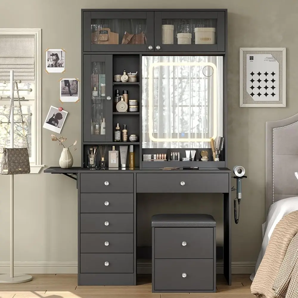 

72 Tall LED Mirror Vanity Desk with Charging Station, 6 Drawers, 2 Cabinets & 3 Shelves, Glass Top Set for Bedroom, Black