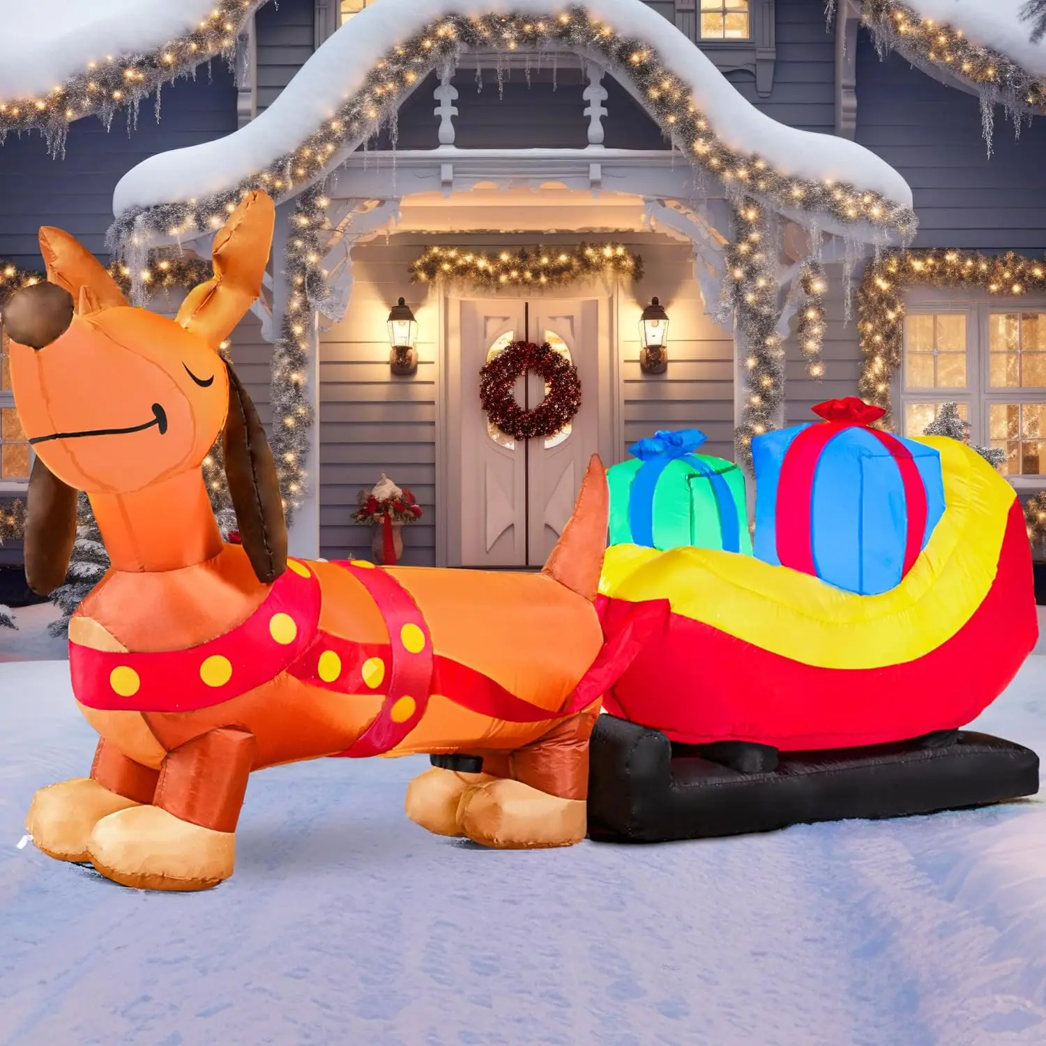 

8 FT Long Christmas Inflatable Puppy Pulling Sleigh Gift Boxes with Build-in LEDs Outdoor Inflatables for Home Xmas Party Toys