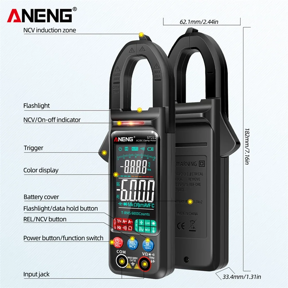 ANENG ST212 ST211 DC/AC Current Digital Clamp Meter 6000 Count 400A Amp Multimeter Voltage Tester NCV Ohm Auto Range LCD Display