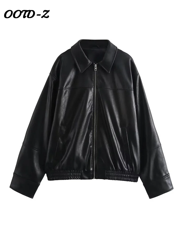 معطف جلد أنيق المرأة عادية فضفاض التلبيب سحابات جيب كم طويل سترة الإناث 2025 الربيع شارع العليا سيدة أبلى