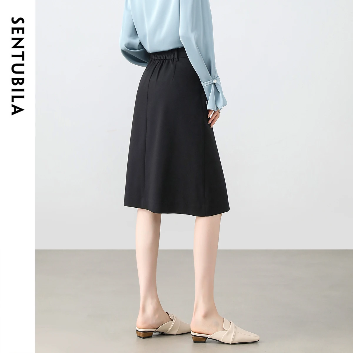 SENTUBILA Black Skirt Women 2026 Spring Autumn New Elegant Commute A-line Elastic Waist Casual Midi Skirts for Ladies 151Q58128