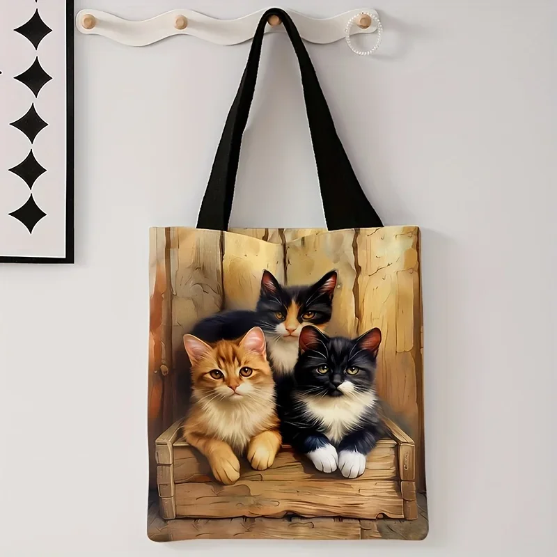 

3 Cat Pattern Printed Handbag Large Capacity Reusable Shopping and Storage Tote Bag Suitable for Men and Women
