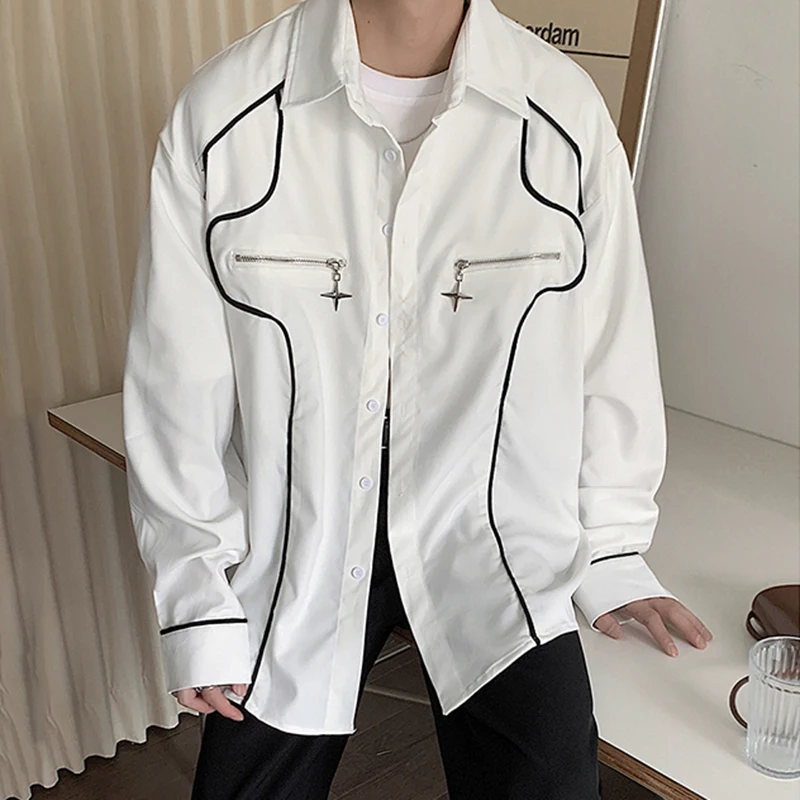 IEFB Autumn Men Shirts Metal Zipper Decoration Niche Contrast Color Stitching Shoulder Pad Design Loose Long Sleeve Shirt 9C7126