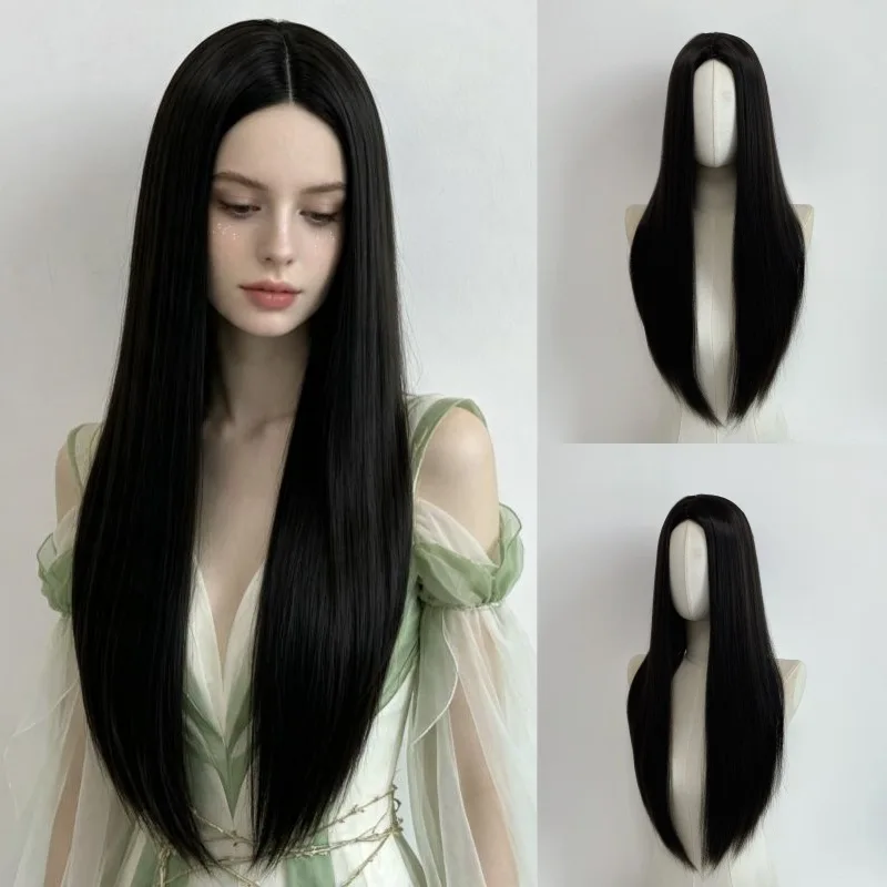 Black synthetic wig with long straight hair for Halloween cosplay. Costume wig for role-playing. Party wig or everyday wig set.