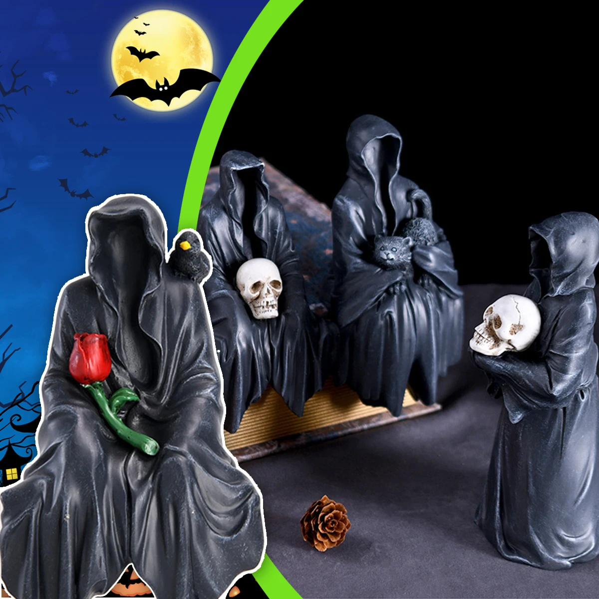 Black Robe Skull Gothic Ornaments Halloween Party Black Clothes Faceless Ghost Home Desktop Car Resin Small Ornaments