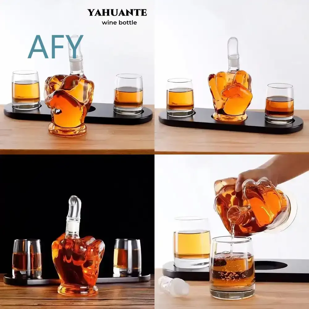 Middle Finger Decanter Set for Whiskey Glass Bottle Transparent Two Cups with Wooden Base for Bar Home Decor Gift