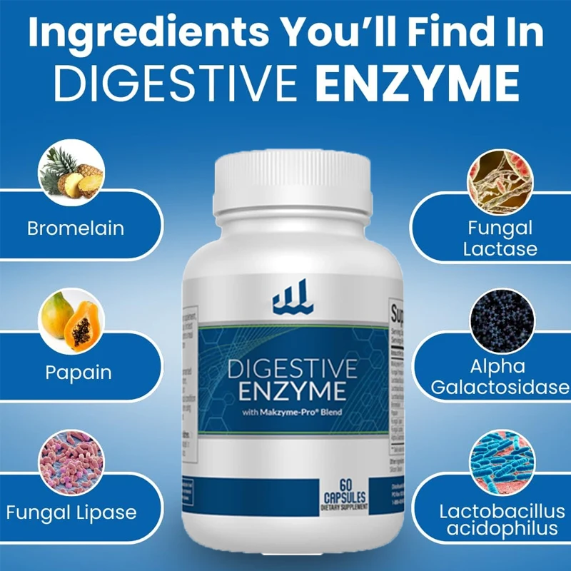 Digestive enzymes: 700 milligrams, nutrient absorption and intestinal health, lactobacillus, bromelain, papain, etc., vegetarian