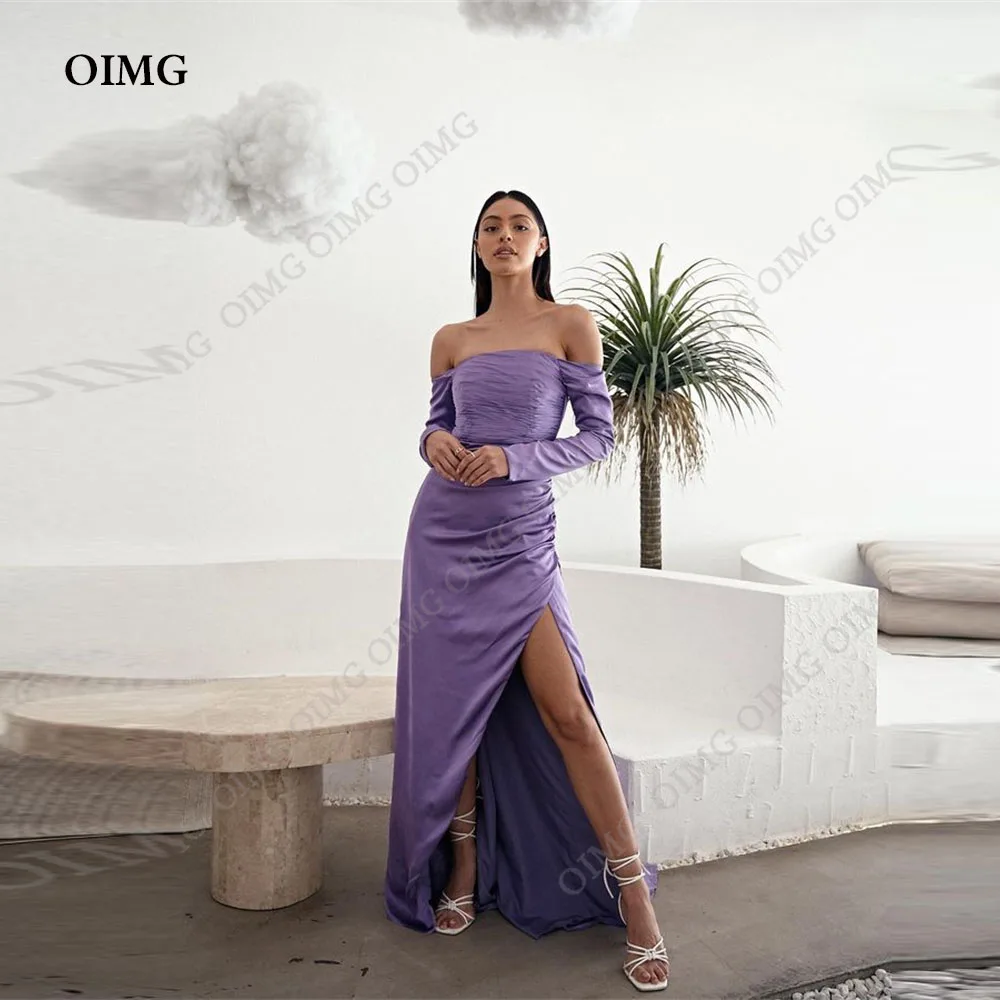 

OIMG Purple Satin Full Sleeves Prom Dresses Long Pleat Side Slit Vintage A-line Vestidos Para Mujer Gala Evening Party Gowns