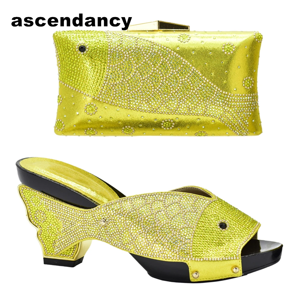 

Latest Yellow Color Rhinestone Italian Women Wedding Shoes High Quality African Parties Shoes Summer Women Slipper Pumps Shoes