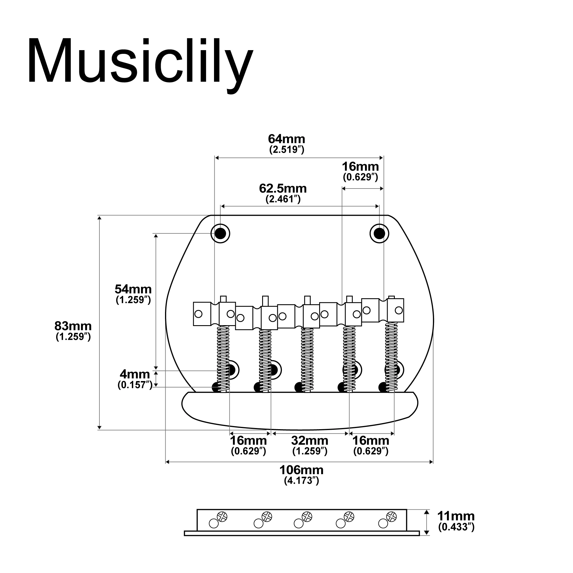 Musiclily Pro 64mm(2-33/64 inch) Steel Dual Load 5-String Bass Bridge for Musicman Style Bass