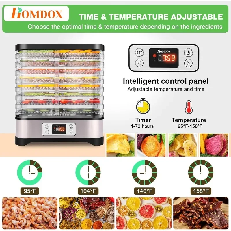 Homdox Food Dehydrator, 8 bpa-freie Tabletts Dehydrator für Lebensmittel und ruckartig mit 72h Timer und Temperatur regelung, 400w Dehydrator